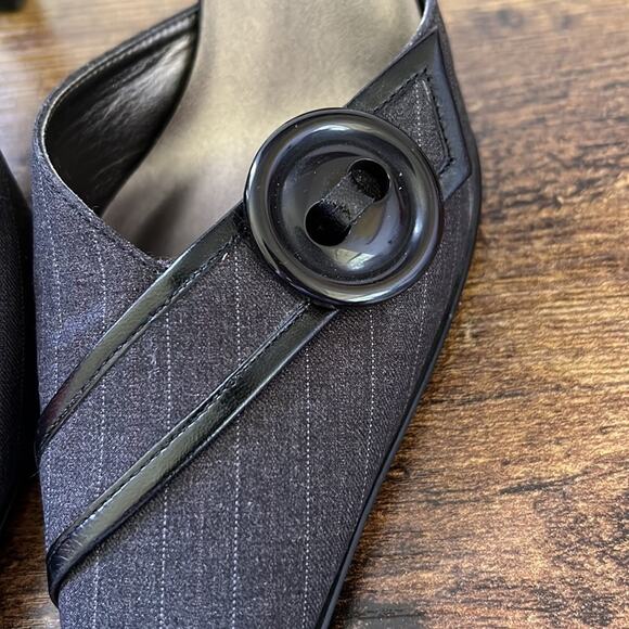 Nolan Belk Black Striped Large Button “Zachary” Fabric Upper Mules - Picture 7 of 11